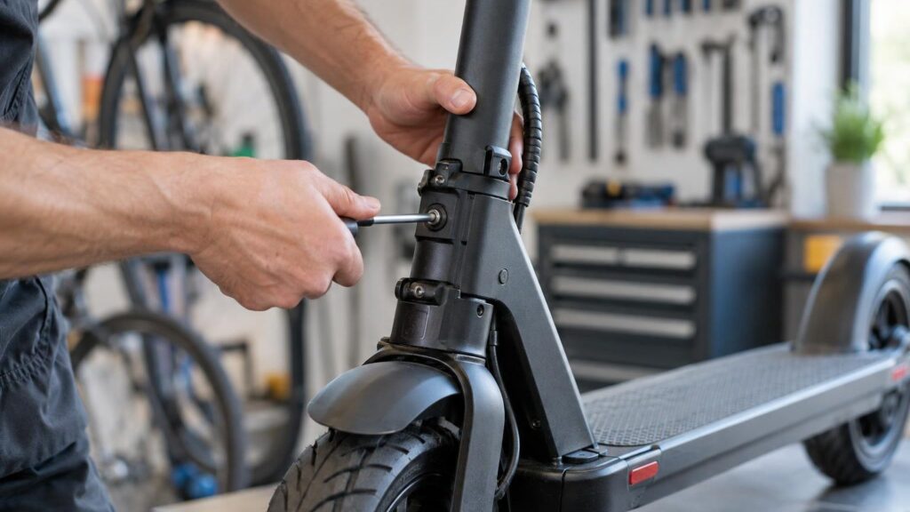 Mechanikas tikrina elektrinio paspirtuko vairo sulenkimo mechanizmą